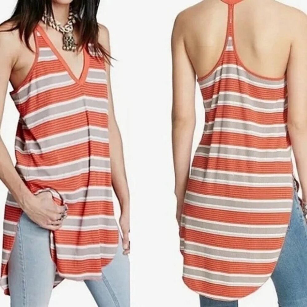 Free People Loui Tunic Tank Top Striped Orange White Racerback We the Free